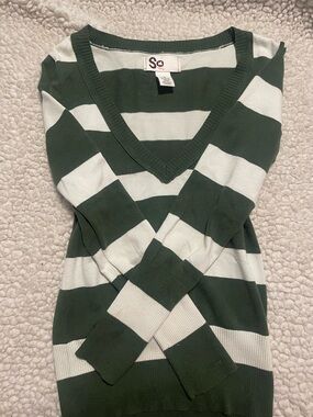 SO Olive Green and White Striped V-Neck Sweater